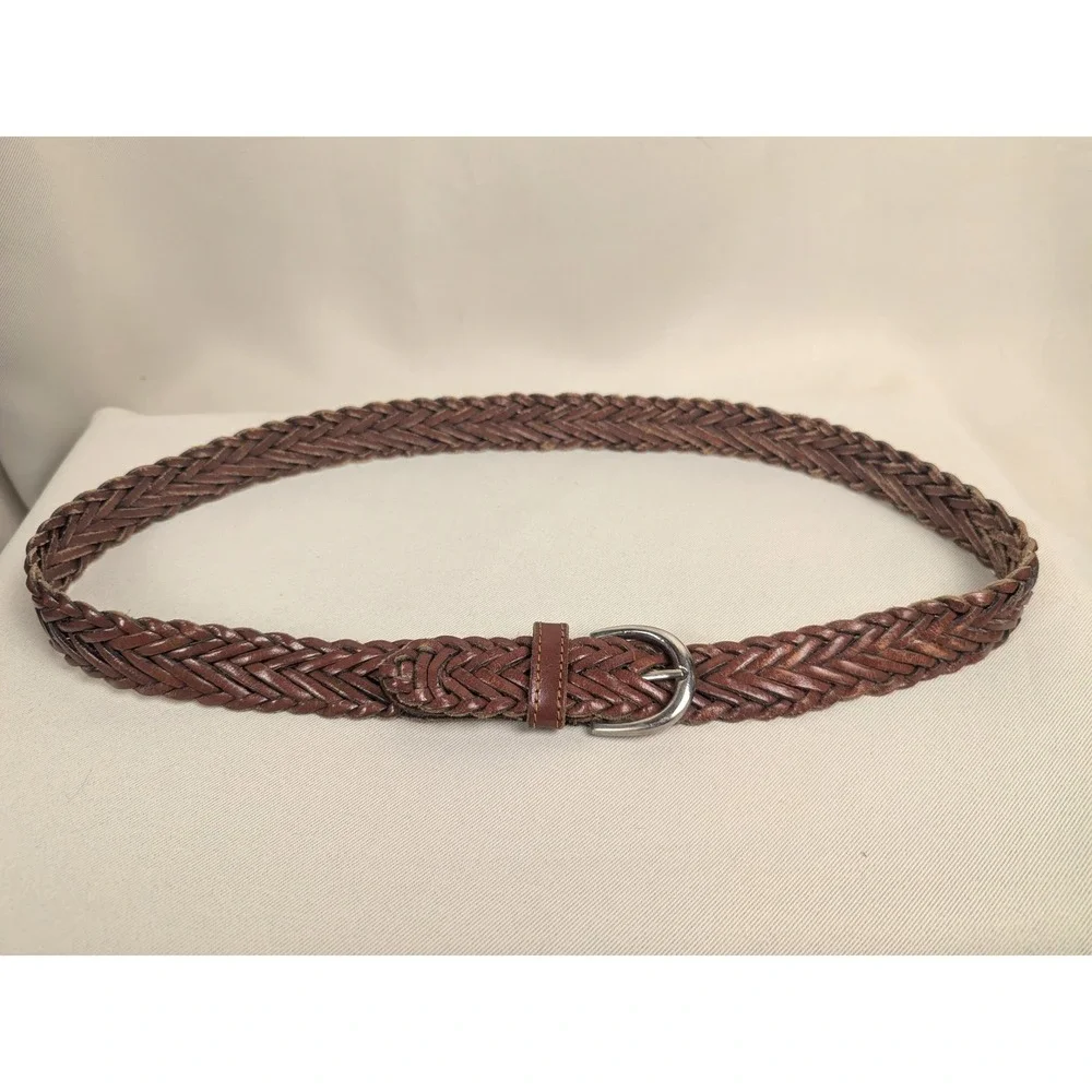 Sm Vintage Brown Braided Genuine Leather Belt Silver Buckle Woven Boho Unisex